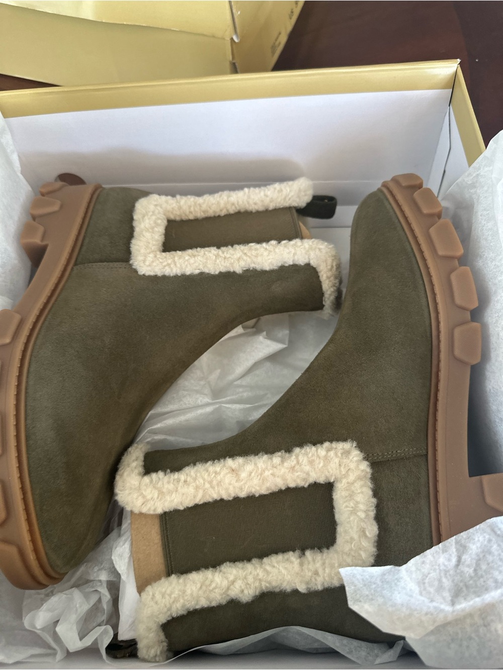 Michael Kors Olive Suede Shearling-Trim Chelsea Lug Boots